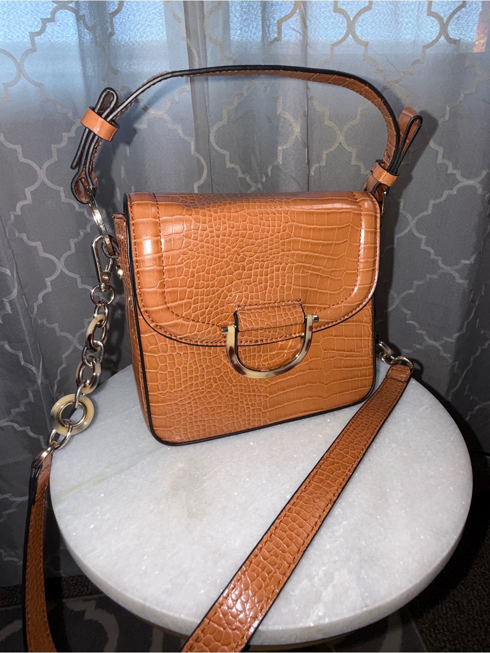 Topshop Croc-Embossed Saddle Bag in Tan with Gold Hardware